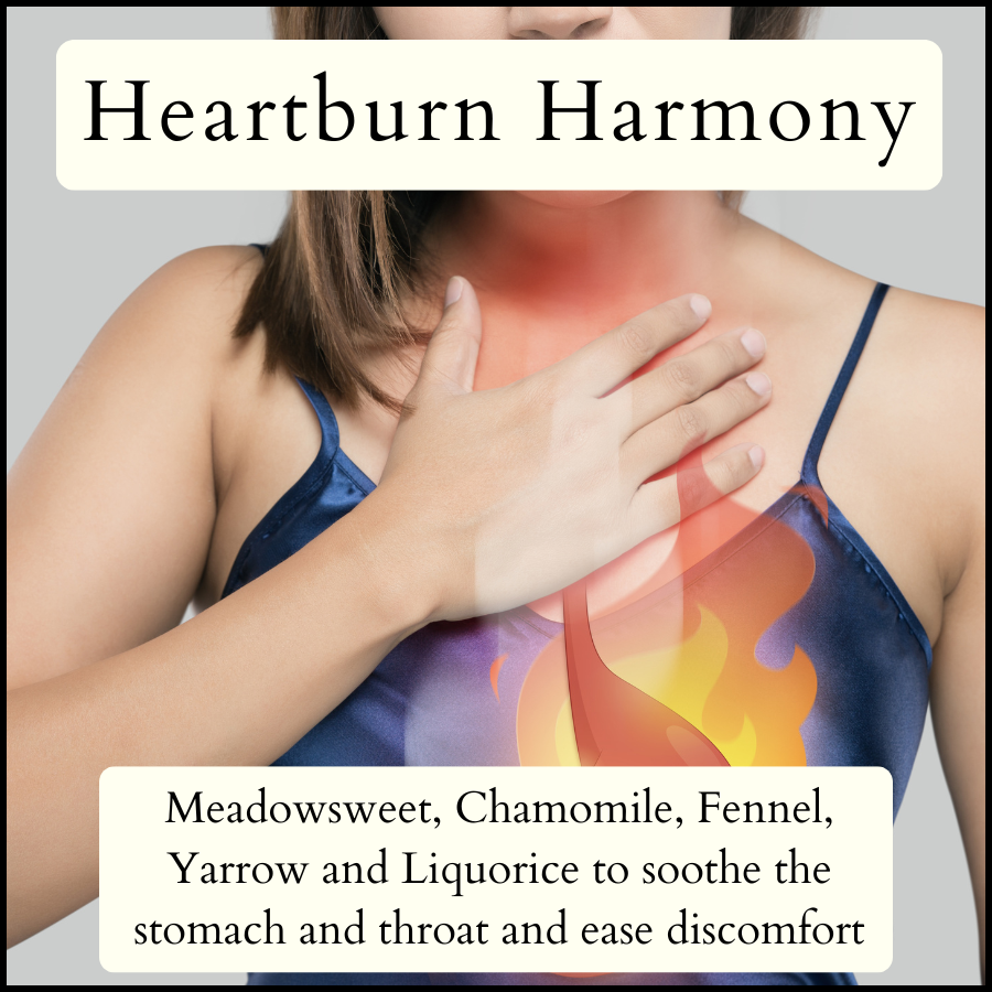 A cup of Stomach Soothe organic loose leaf herbal tea with meadowsweet, chamomile, fennel, yarrow, and liquorice, soothing heartburn, acid reflux, and bloating. UK made, caffeine-free and vegan-friendly.