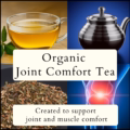 Organic loose leaf Joint Comfort Tea with white willow bark, meadowsweet, yarrow and nettle, shown as dried herbs, teapot infusion, cup of herbal tea and inflamed joint concept for natural joint pain relief.