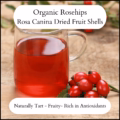 Organic rosehip tea made from Rosa canina dried fruit shells. Caffeine-free herbal tea with a naturally tart, fruity flavour.